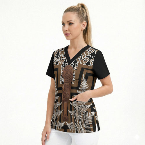 Wahaika New Zealand Scrub Top Maori Weapon Kowhaiwhai Fern Poutama Motifs