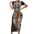 Wahaika New Zealand Short Sleeve Bodycon Dress Maori Weapon Kowhaiwhai Fern Poutama Motifs