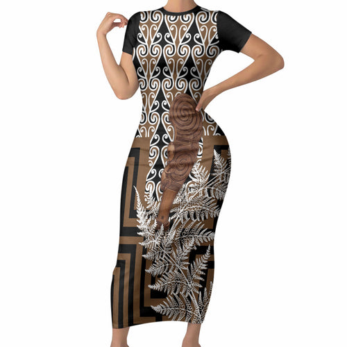Wahaika New Zealand Short Sleeve Bodycon Dress Maori Weapon Kowhaiwhai Fern Poutama Motifs