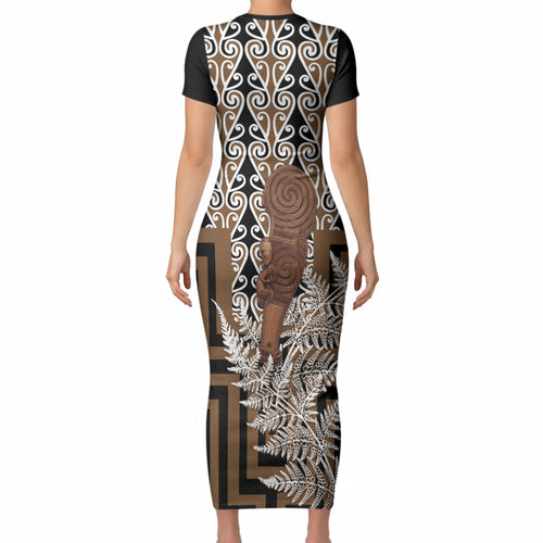 Wahaika New Zealand Short Sleeve Bodycon Dress Maori Weapon Kowhaiwhai Fern Poutama Motifs