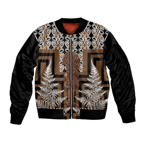 Wahaika New Zealand Sleeve Zip Bomber Jacket Maori Weapon Kowhaiwhai Fern Poutama Motifs