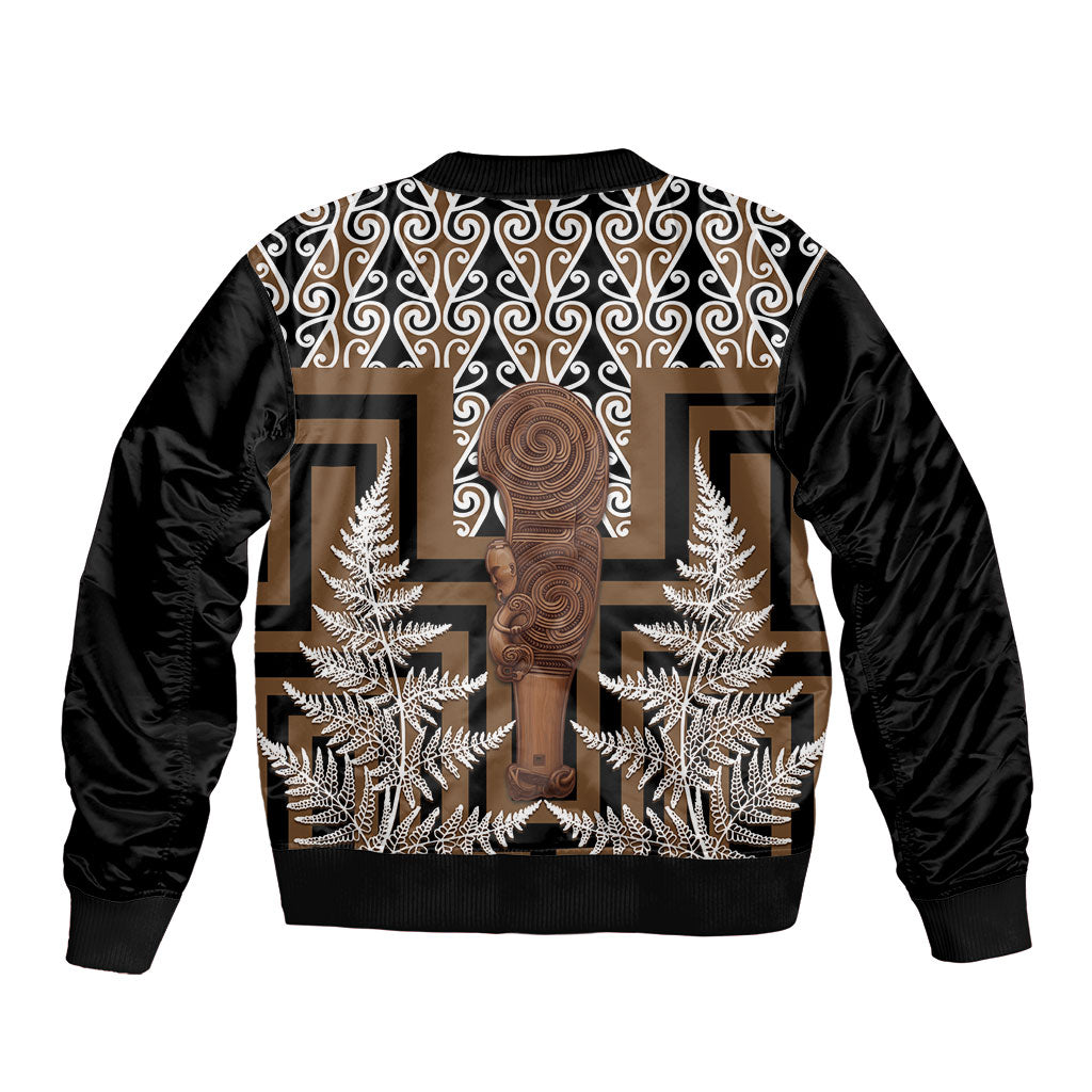 Wahaika New Zealand Sleeve Zip Bomber Jacket Maori Weapon Kowhaiwhai Fern Poutama Motifs