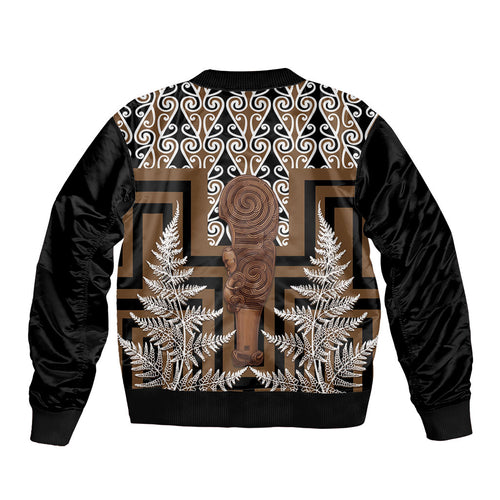 Wahaika New Zealand Sleeve Zip Bomber Jacket Maori Weapon Kowhaiwhai Fern Poutama Motifs