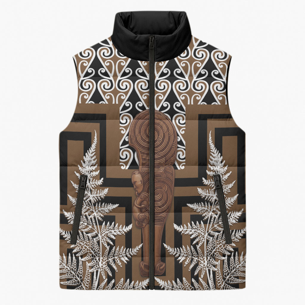 Wahaika New Zealand Sleeveless Puffer Jacket Maori Weapon Kowhaiwhai Fern Poutama Motifs