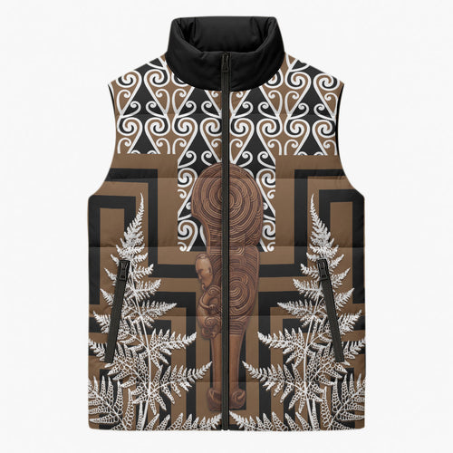 Wahaika New Zealand Sleeveless Puffer Jacket Maori Weapon Kowhaiwhai Fern Poutama Motifs
