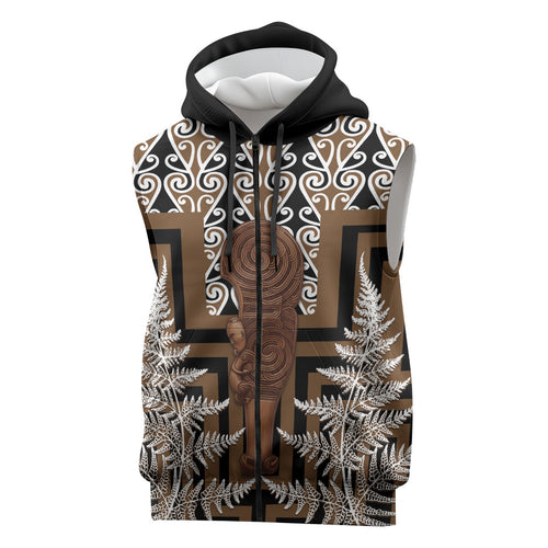 Wahaika New Zealand Sleeveless Zip Hoodie Maori Weapon Kowhaiwhai Fern Poutama Motifs