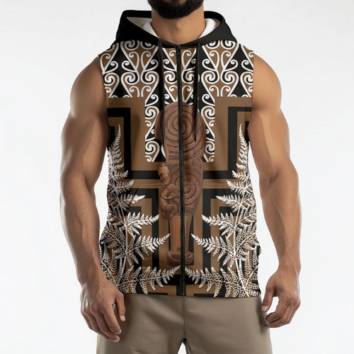 Wahaika New Zealand Sleeveless Zip Hoodie Maori Weapon Kowhaiwhai Fern Poutama Motifs