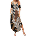 Wahaika New Zealand Summer Maxi Dress Maori Weapon Kowhaiwhai Fern Poutama Motifs