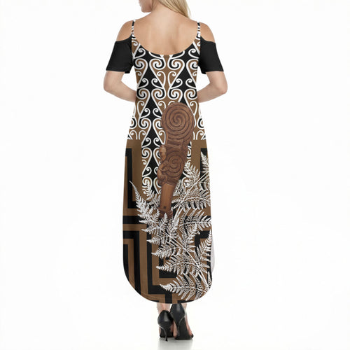 Wahaika New Zealand Summer Maxi Dress Maori Weapon Kowhaiwhai Fern Poutama Motifs