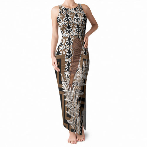 Wahaika New Zealand Tank Maxi Dress Maori Weapon Kowhaiwhai Fern Poutama Motifs