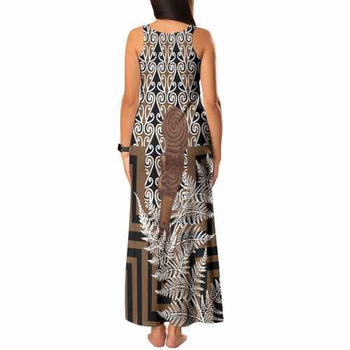 Wahaika New Zealand Tank Maxi Dress Maori Weapon Kowhaiwhai Fern Poutama Motifs