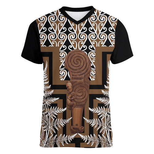 Wahaika New Zealand Women V-Neck T-Shirt Maori Weapon Kowhaiwhai Fern Poutama Motifs