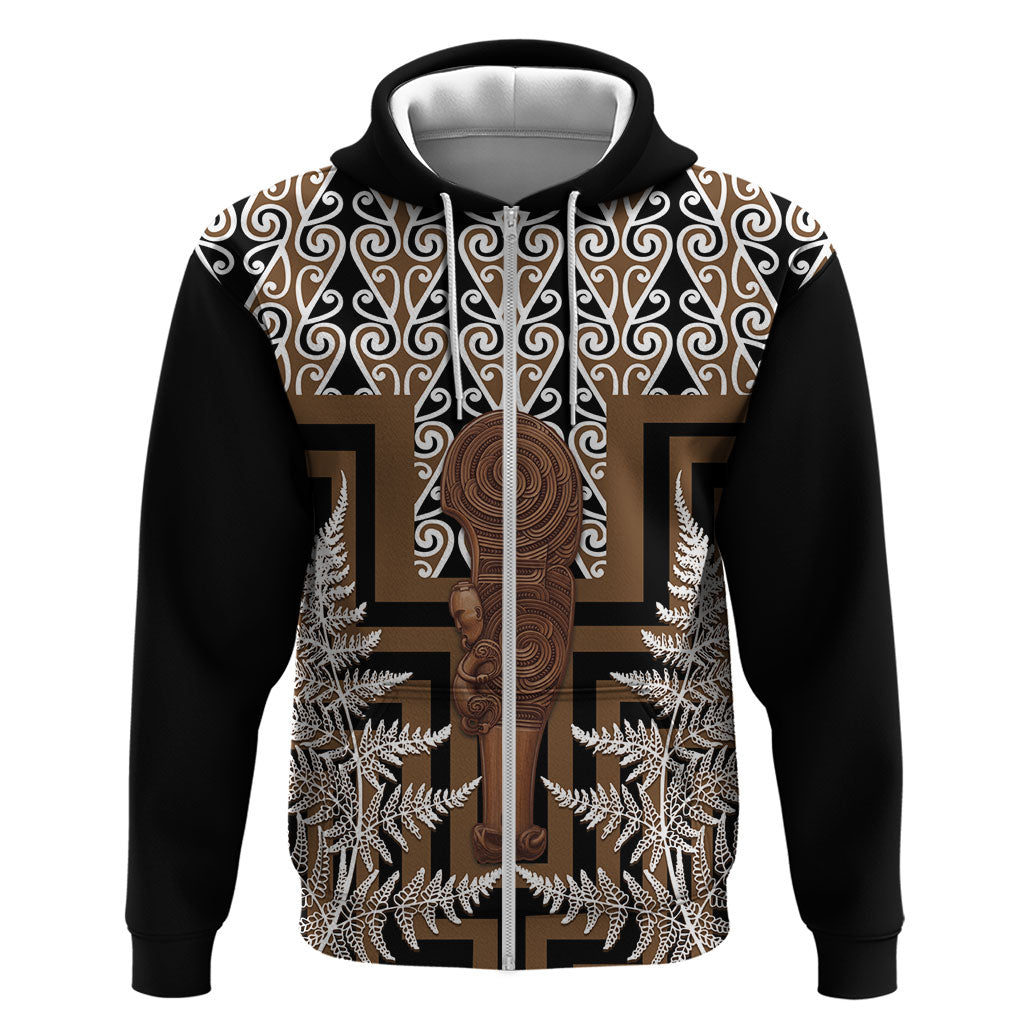 Wahaika New Zealand Zip Hoodie Maori Weapon Kowhaiwhai Fern Poutama Motifs