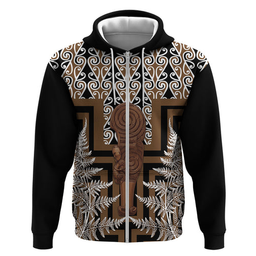 Wahaika New Zealand Zip Hoodie Maori Weapon Kowhaiwhai Fern Poutama Motifs