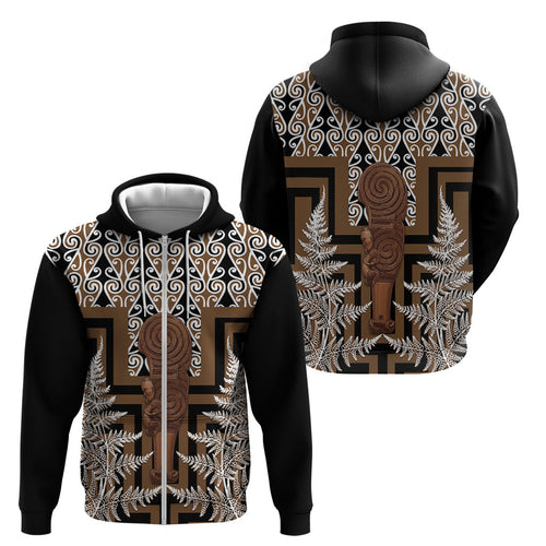 Wahaika New Zealand Zip Hoodie Maori Weapon Kowhaiwhai Fern Poutama Motifs