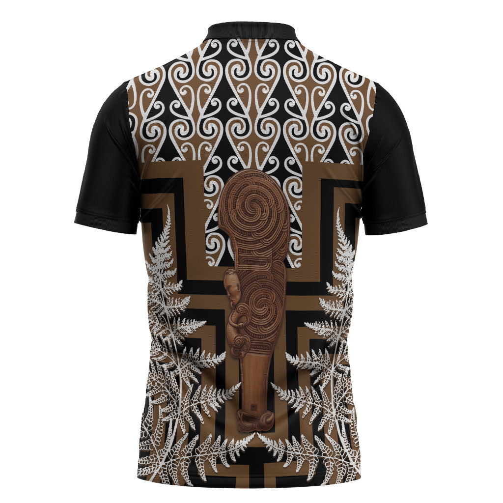 Wahaika New Zealand Zipper Polo Shirt Maori Weapon Kowhaiwhai Fern Poutama Motifs