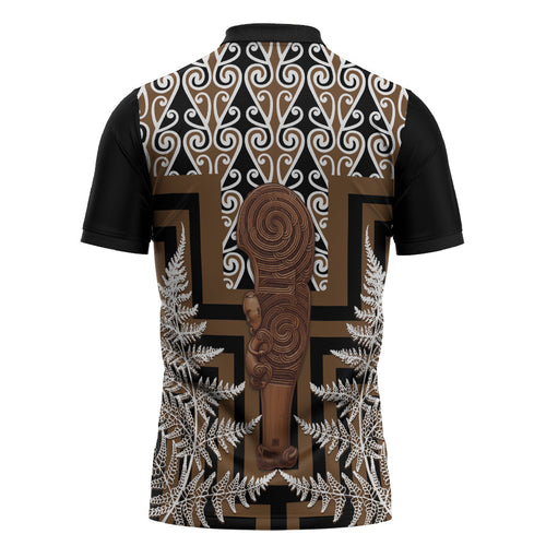 Wahaika New Zealand Zipper Polo Shirt Maori Weapon Kowhaiwhai Fern Poutama Motifs