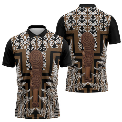 Wahaika New Zealand Zipper Polo Shirt Maori Weapon Kowhaiwhai Fern Poutama Motifs