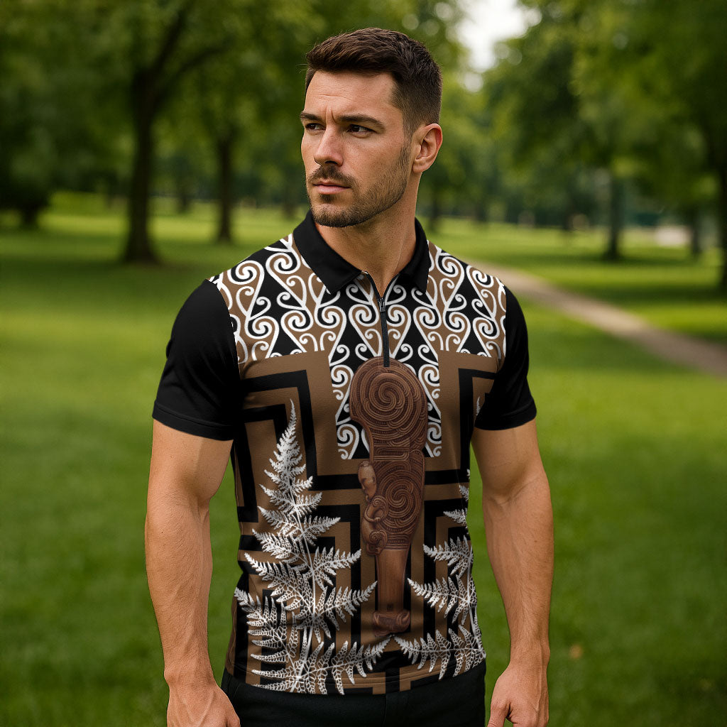 Wahaika New Zealand Zipper Polo Shirt Maori Weapon Kowhaiwhai Fern Poutama Motifs