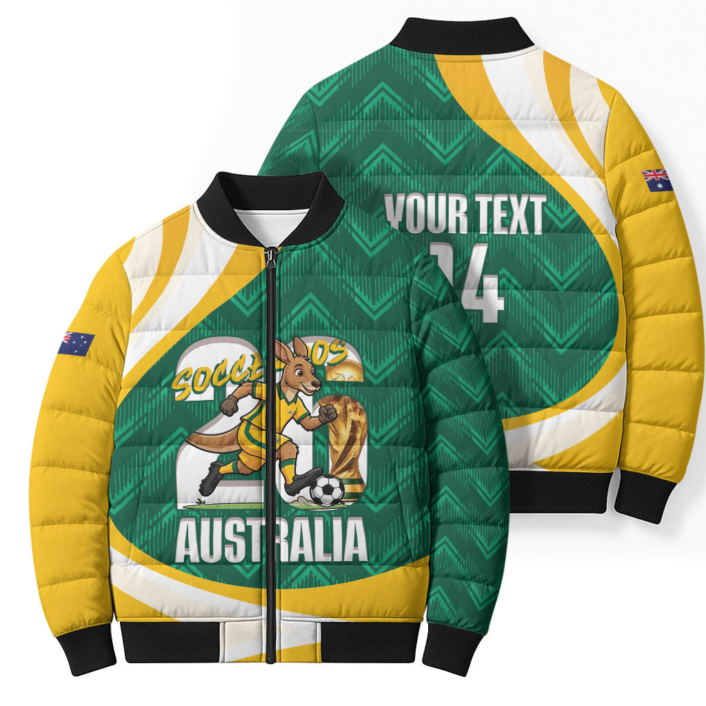 Australia 2026 Soccer Custom Bomber Puffer Jacket Go Socceroos Kangaroo Mascot Green Sporty
