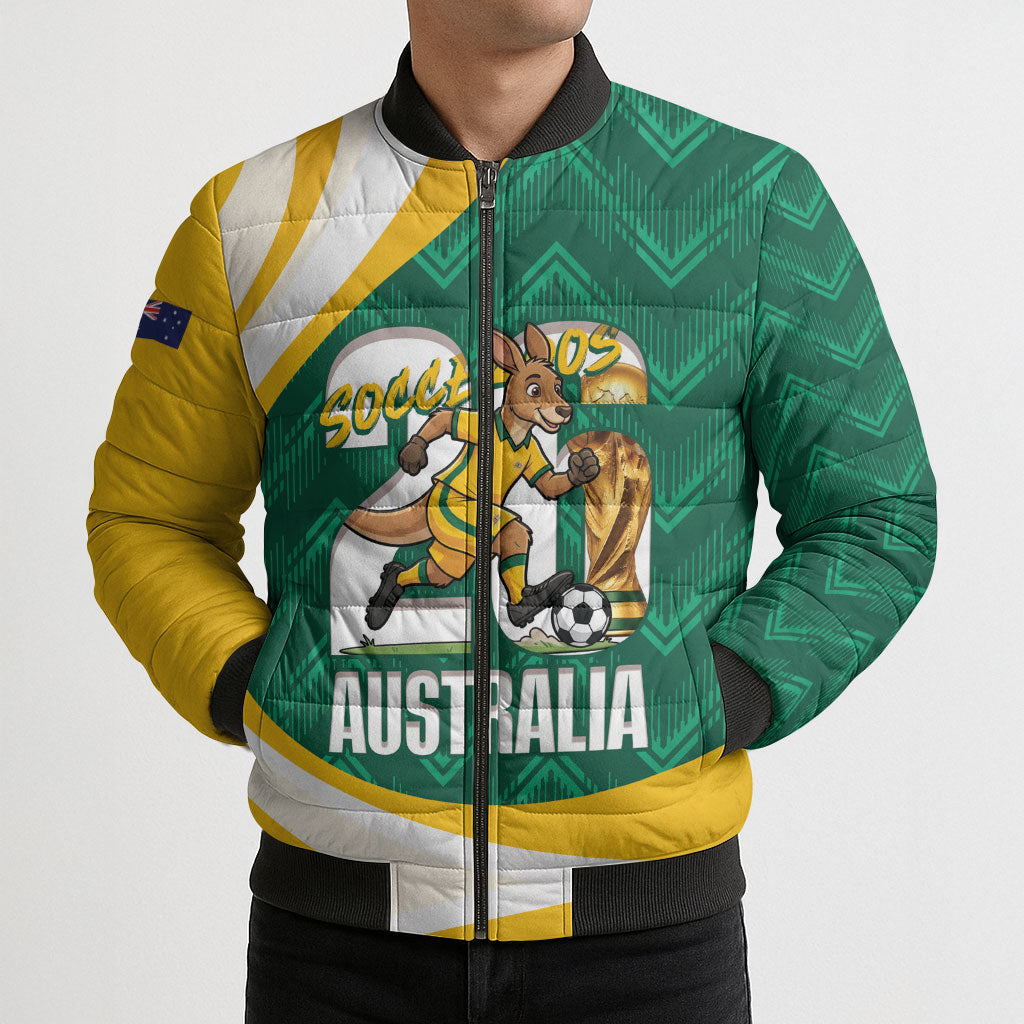 Australia 2026 Soccer Custom Bomber Puffer Jacket Go Socceroos Kangaroo Mascot Green Sporty