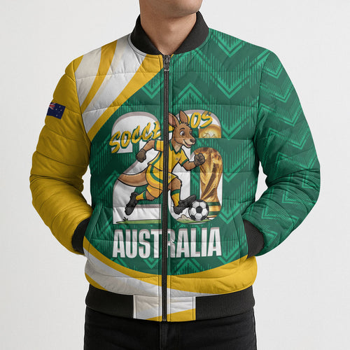 Australia 2026 Soccer Custom Bomber Puffer Jacket Go Socceroos Kangaroo Mascot Green Sporty