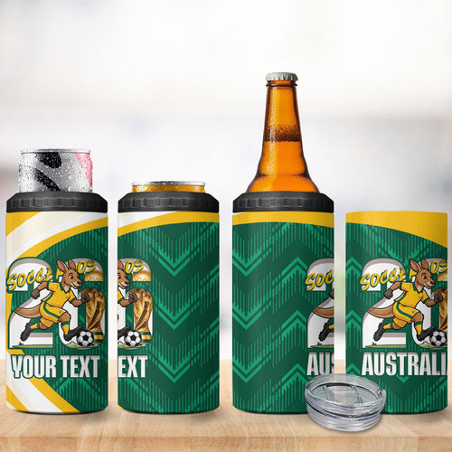 Australia 2026 Soccer Custom 4 in 1 Can Cooler Tumbler Go Socceroos Kangaroo Mascot Green Sporty