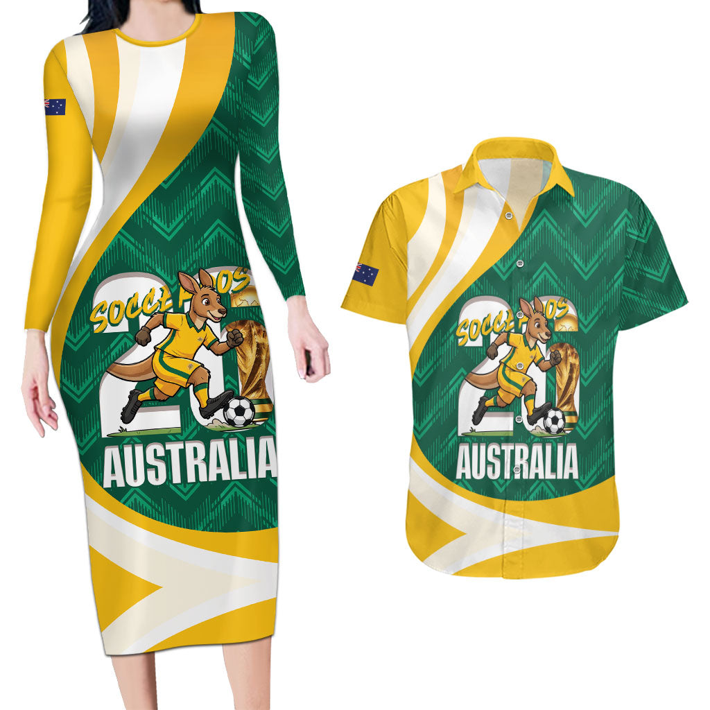 Australia 2026 Soccer Custom Couples Matching Long Sleeve Bodycon Dress and Hawaiian Shirt Go Socceroos Kangaroo Mascot Green Sporty