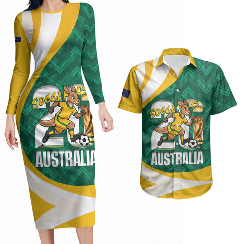 Australia 2026 Soccer Custom Couples Matching Long Sleeve Bodycon Dress and Hawaiian Shirt Go Socceroos Kangaroo Mascot Green Sporty