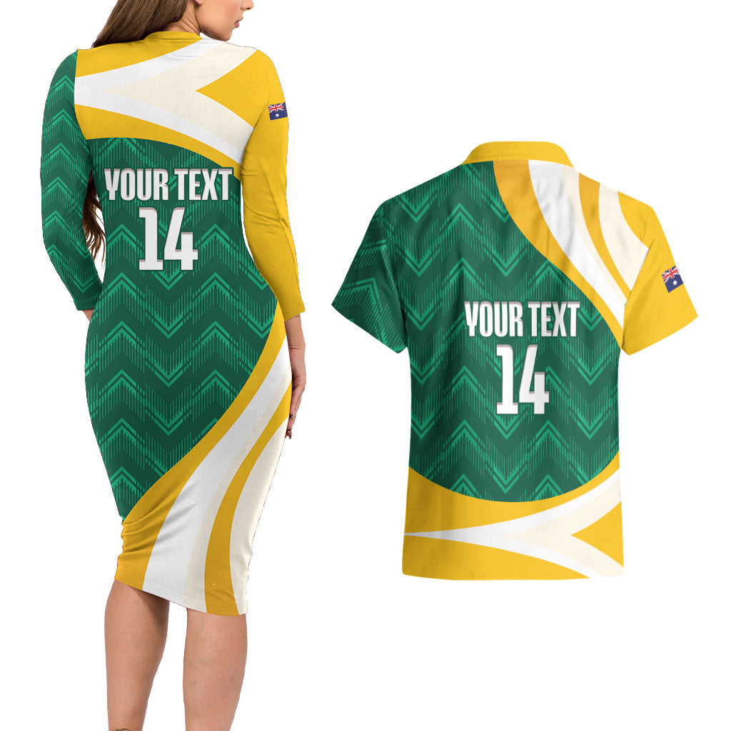 Australia 2026 Soccer Custom Couples Matching Long Sleeve Bodycon Dress and Hawaiian Shirt Go Socceroos Kangaroo Mascot Green Sporty