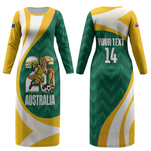 Australia 2026 Soccer Custom Couples Matching Long Sleeve Bodycon Dress and Hawaiian Shirt Go Socceroos Kangaroo Mascot Green Sporty LT14