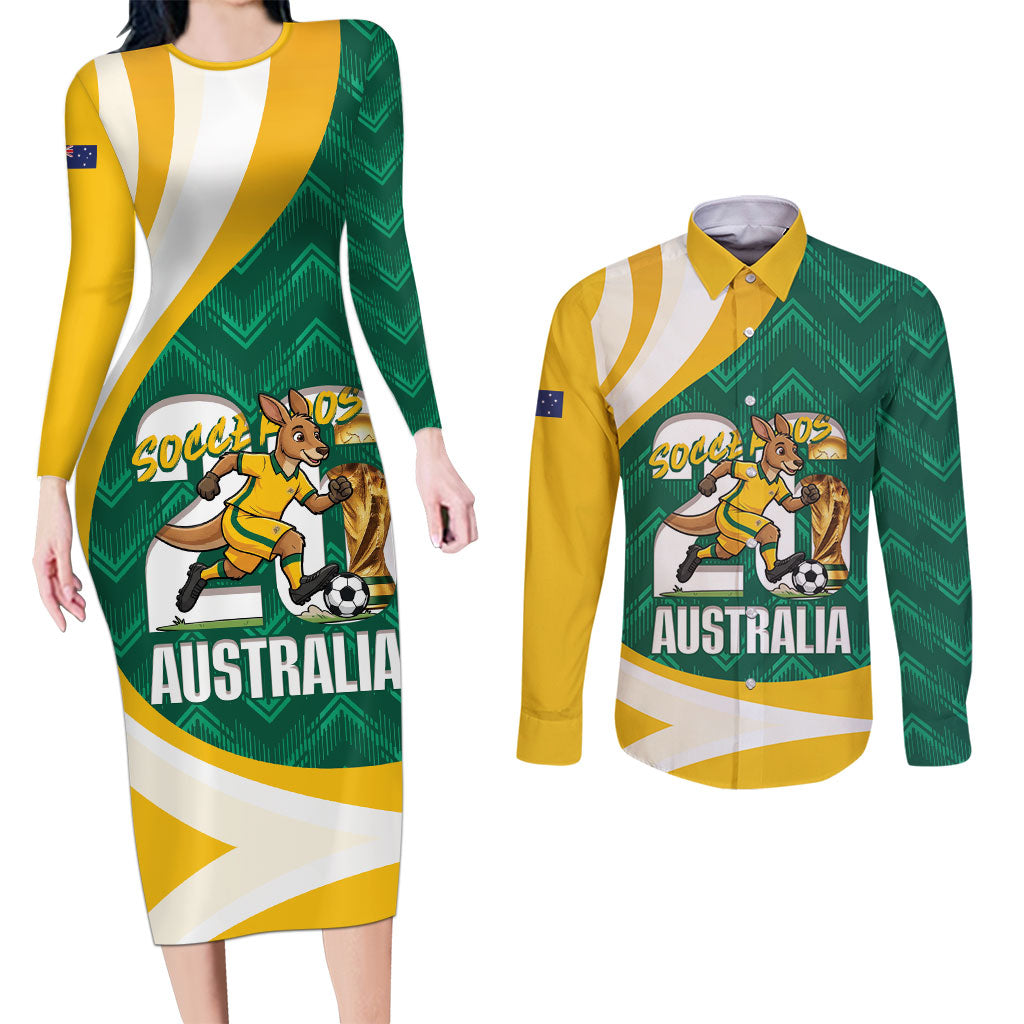 Australia 2026 Soccer Custom Couples Matching Long Sleeve Bodycon Dress and Long Sleeve Button Shirt Go Socceroos Kangaroo Mascot Green Sporty