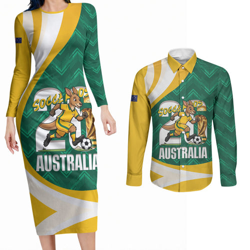 Australia 2026 Soccer Custom Couples Matching Long Sleeve Bodycon Dress and Long Sleeve Button Shirt Go Socceroos Kangaroo Mascot Green Sporty
