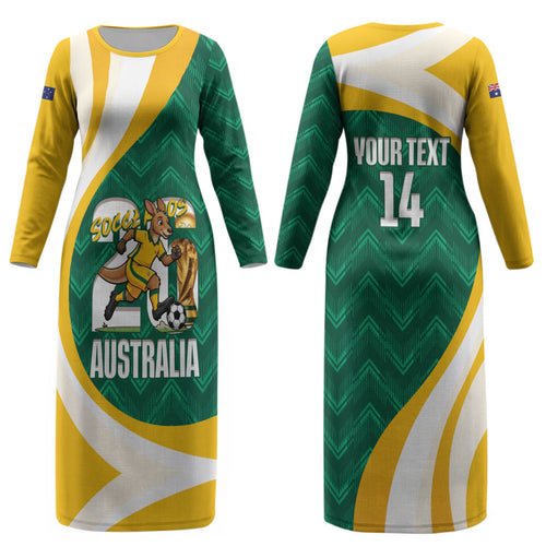 Australia 2026 Soccer Custom Couples Matching Long Sleeve Bodycon Dress and Long Sleeve Button Shirt Go Socceroos Kangaroo Mascot Green Sporty LT14