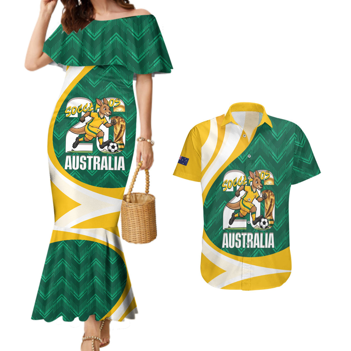 Australia 2026 Soccer Custom Couples Matching Mermaid Dress and Hawaiian Shirt Go Socceroos Kangaroo Mascot Green Sporty