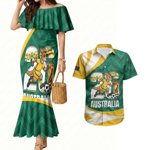 Australia 2026 Soccer Custom Couples Matching Mermaid Dress and Hawaiian Shirt Go Socceroos Kangaroo Mascot Green Sporty