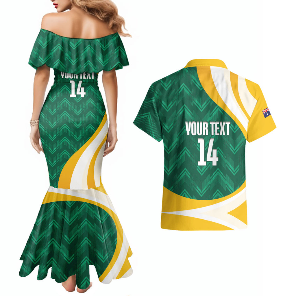 Australia 2026 Soccer Custom Couples Matching Mermaid Dress and Hawaiian Shirt Go Socceroos Kangaroo Mascot Green Sporty
