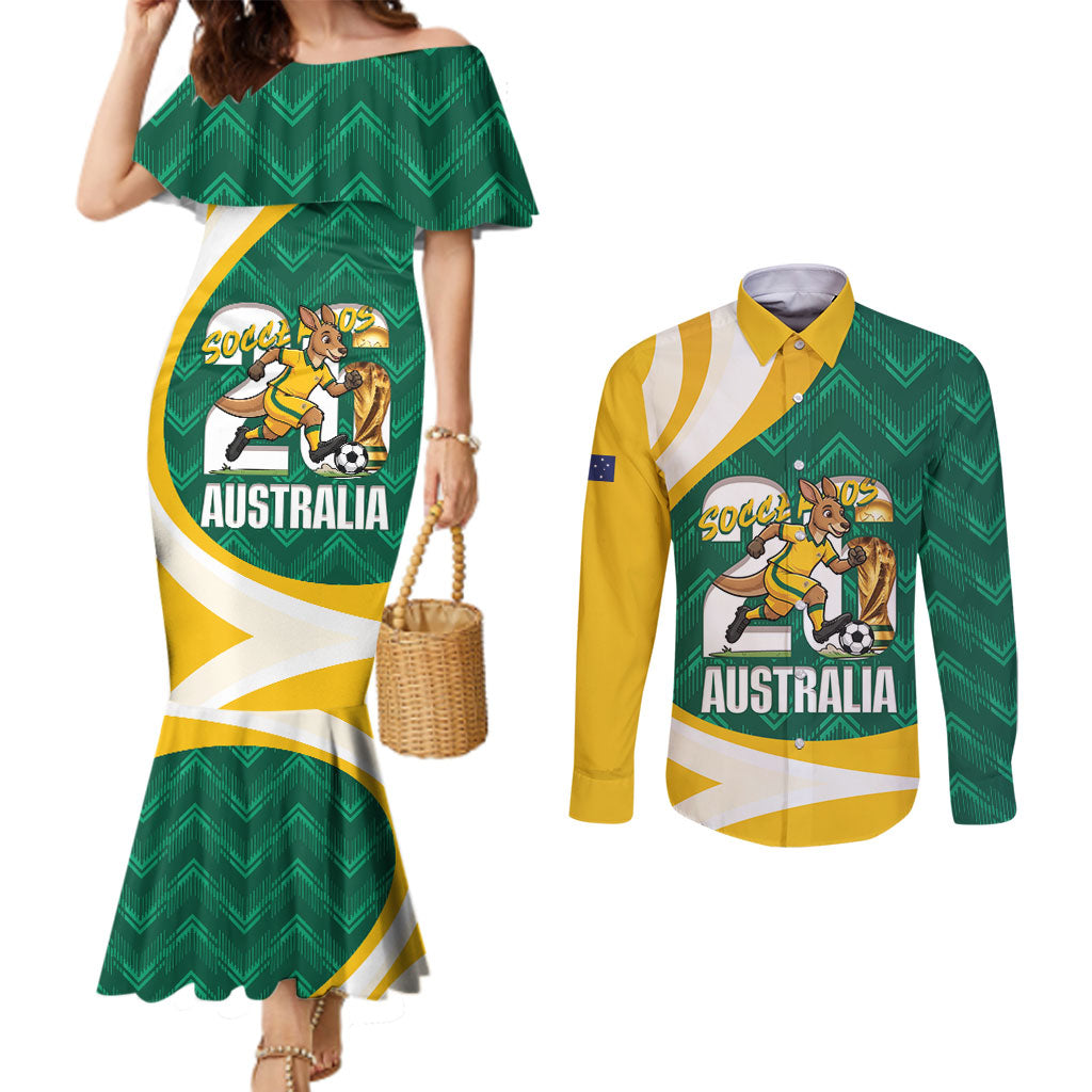 Australia 2026 Soccer Custom Couples Matching Mermaid Dress and Long Sleeve Button Shirt Go Socceroos Kangaroo Mascot Green Sporty