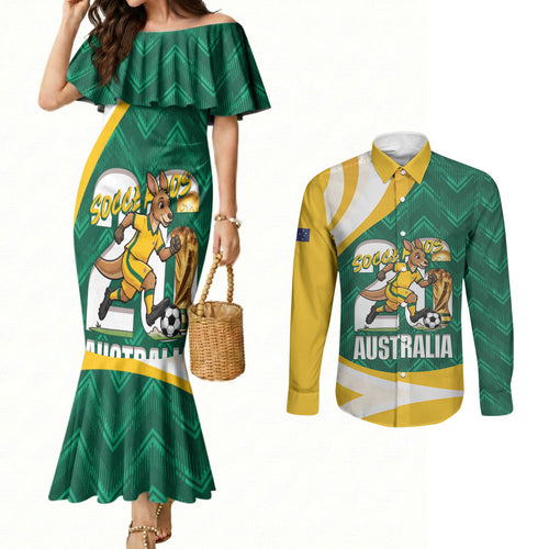 Australia 2026 Soccer Custom Couples Matching Mermaid Dress and Long Sleeve Button Shirt Go Socceroos Kangaroo Mascot Green Sporty