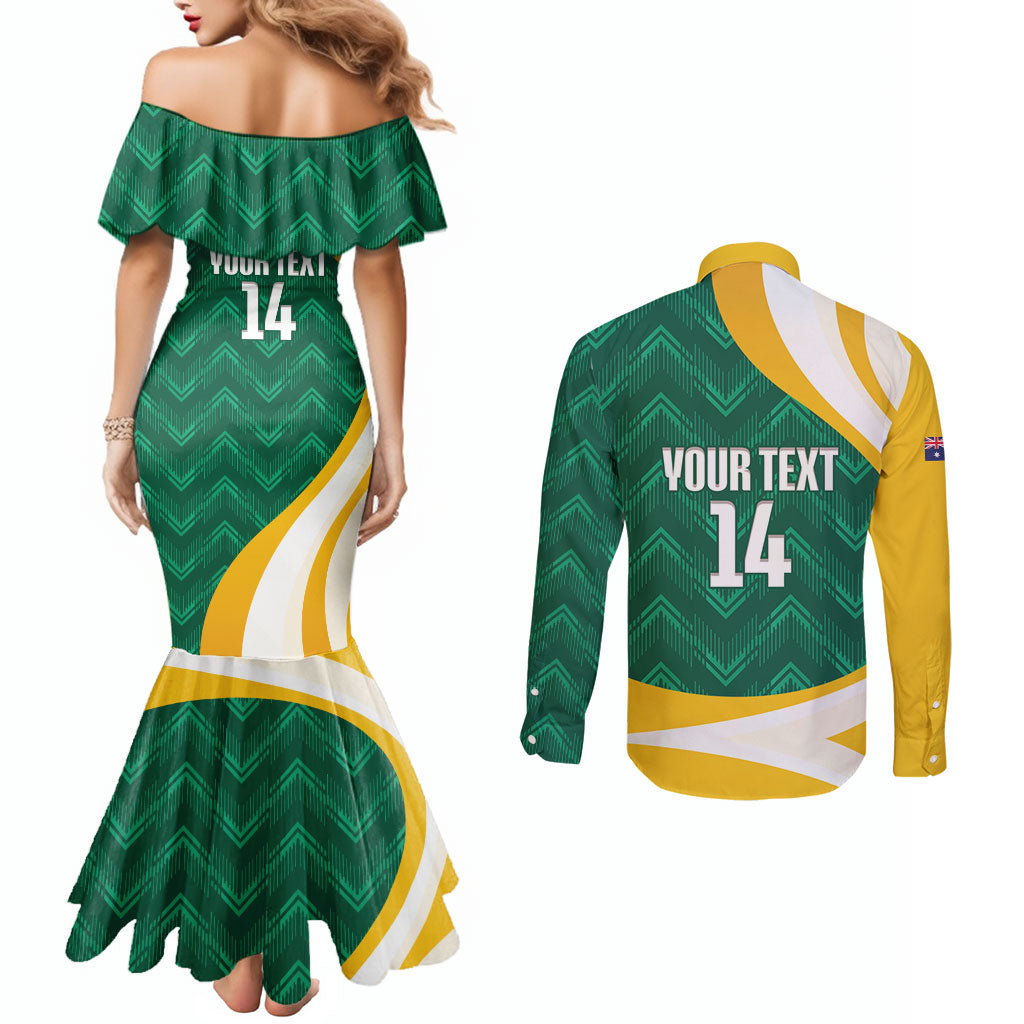 Australia 2026 Soccer Custom Couples Matching Mermaid Dress and Long Sleeve Button Shirt Go Socceroos Kangaroo Mascot Green Sporty