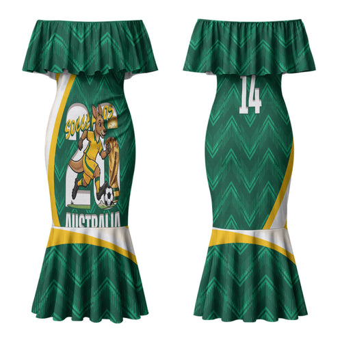 Australia 2026 Soccer Custom Couples Matching Mermaid Dress and Long Sleeve Button Shirt Go Socceroos Kangaroo Mascot Green Sporty LT14