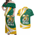 Australia 2026 Soccer Custom Couples Matching Off Shoulder Maxi Dress and Hawaiian Shirt Go Socceroos Kangaroo Mascot Green Sporty