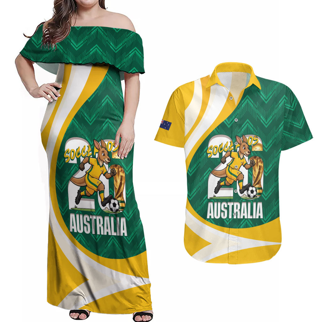 Australia 2026 Soccer Custom Couples Matching Off Shoulder Maxi Dress and Hawaiian Shirt Go Socceroos Kangaroo Mascot Green Sporty