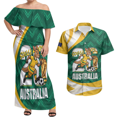 Australia 2026 Soccer Custom Couples Matching Off Shoulder Maxi Dress and Hawaiian Shirt Go Socceroos Kangaroo Mascot Green Sporty