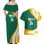 Australia 2026 Soccer Custom Couples Matching Off Shoulder Maxi Dress and Hawaiian Shirt Go Socceroos Kangaroo Mascot Green Sporty