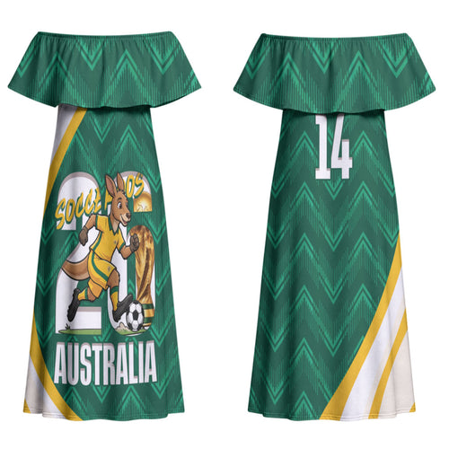 Australia 2026 Soccer Custom Couples Matching Off Shoulder Maxi Dress and Hawaiian Shirt Go Socceroos Kangaroo Mascot Green Sporty LT14