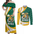 Australia 2026 Soccer Custom Couples Matching Off Shoulder Maxi Dress and Long Sleeve Button Shirt Go Socceroos Kangaroo Mascot Green Sporty