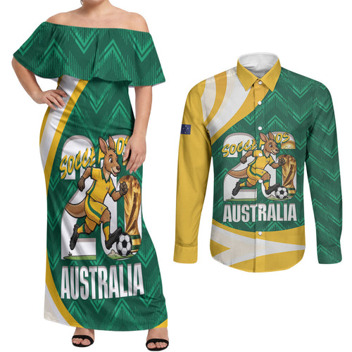 Australia 2026 Soccer Custom Couples Matching Off Shoulder Maxi Dress and Long Sleeve Button Shirt Go Socceroos Kangaroo Mascot Green Sporty