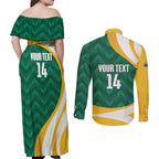Australia 2026 Soccer Custom Couples Matching Off Shoulder Maxi Dress and Long Sleeve Button Shirt Go Socceroos Kangaroo Mascot Green Sporty