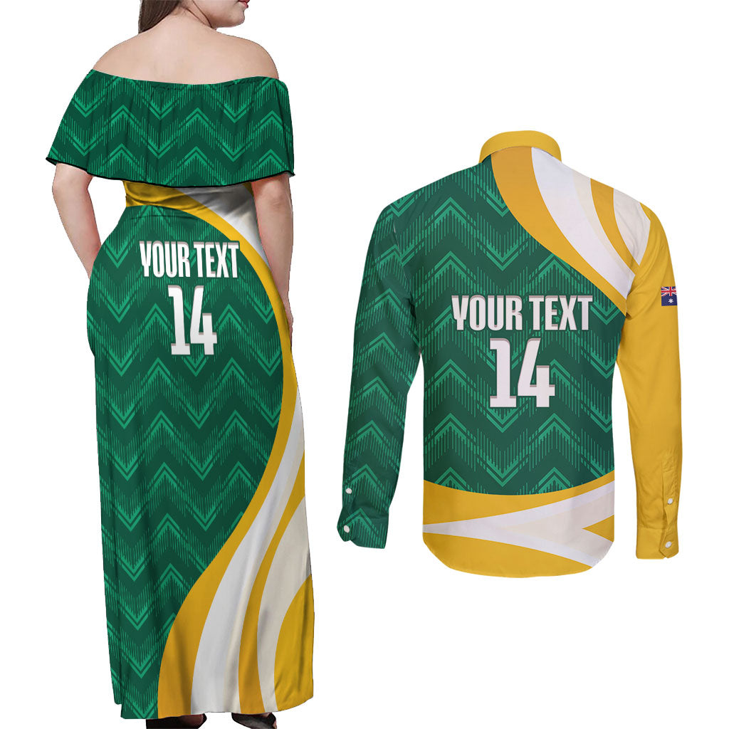 Australia 2026 Soccer Custom Couples Matching Off Shoulder Maxi Dress and Long Sleeve Button Shirt Go Socceroos Kangaroo Mascot Green Sporty
